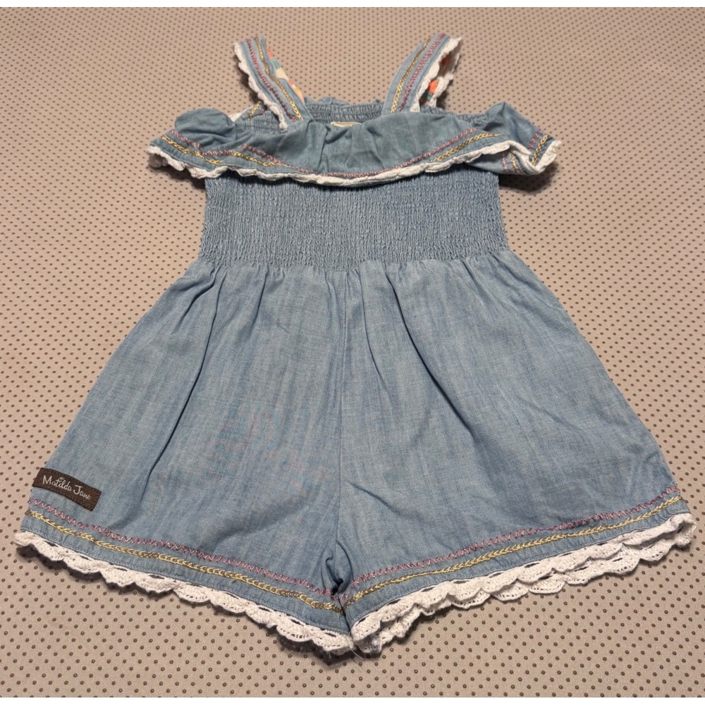Matilda Jane Picnic In The Park Girls Blue Romper Smocked Lace Embroidery Size 6 - Picture 4 of 4